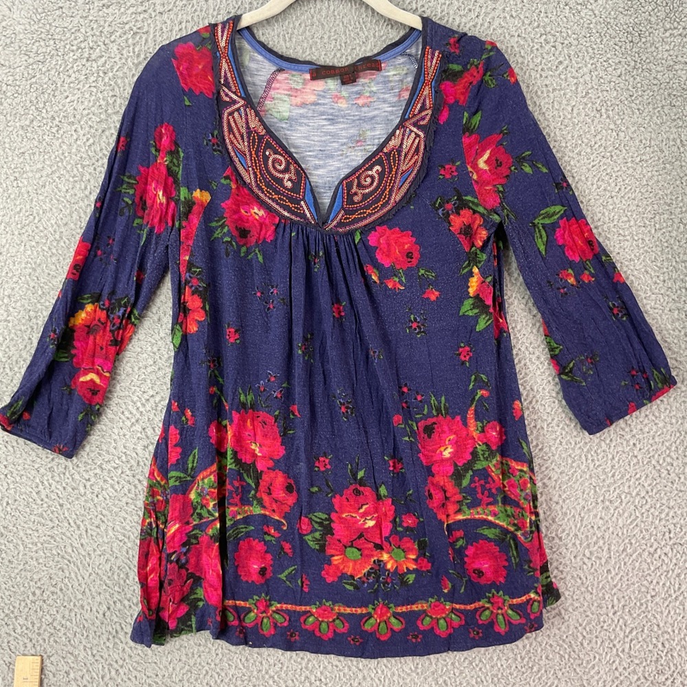 A Common Thread Tunic Top Womens Small Blue Floral Sequin V-Neck Boho Peasant